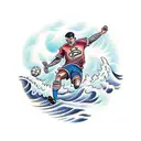 A traditional-style tattoo of a soccer player surrounded by waves tattoo design idea