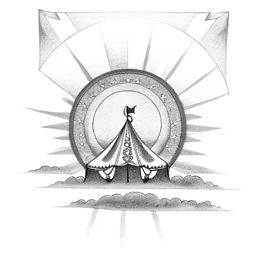 A black-grey tattoo of a circus tent with the sun setting behind it tattoo design idea