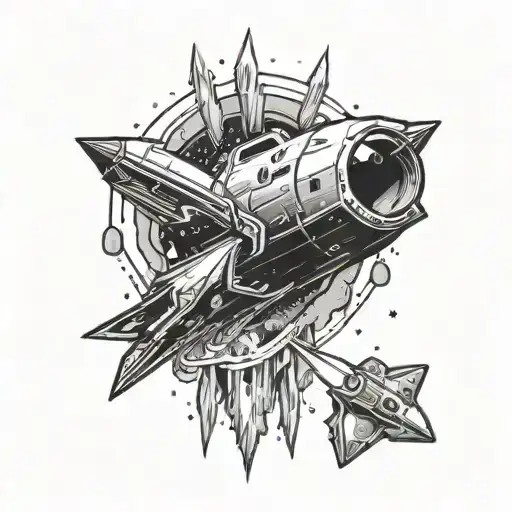 A physics-themed tattoo of a rocket launching from an ice asteroid towards a video game planet with a crown-shaped crater tattoo design idea