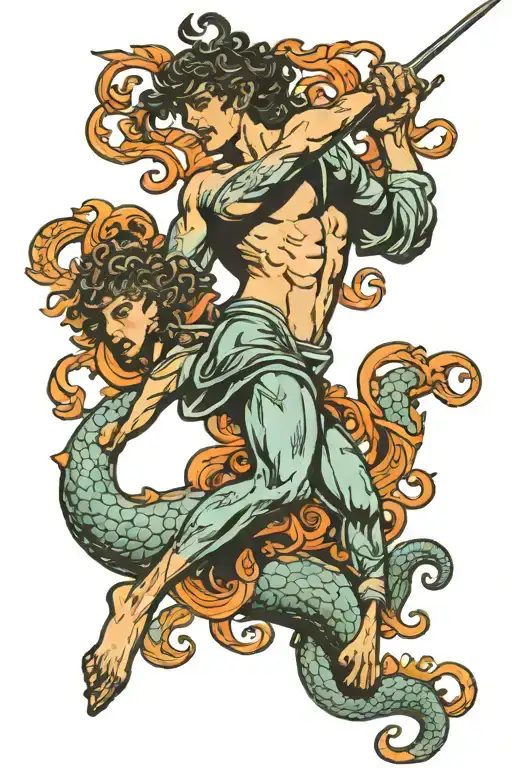 traditional tattoo of Perseus slaying medusa holding the head tattoo design idea