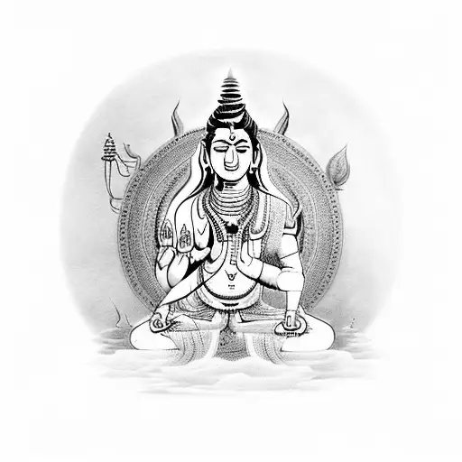 A depiction of Lord Shiva meditating in a serene landscape inspired by ancient Indian history tattoo design idea