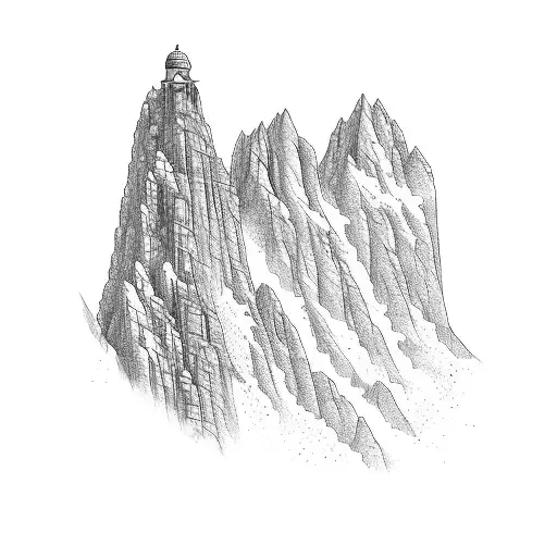 A rock climber scaling a mountain peak with ancient Sanskrit script flowing around them tattoo design idea