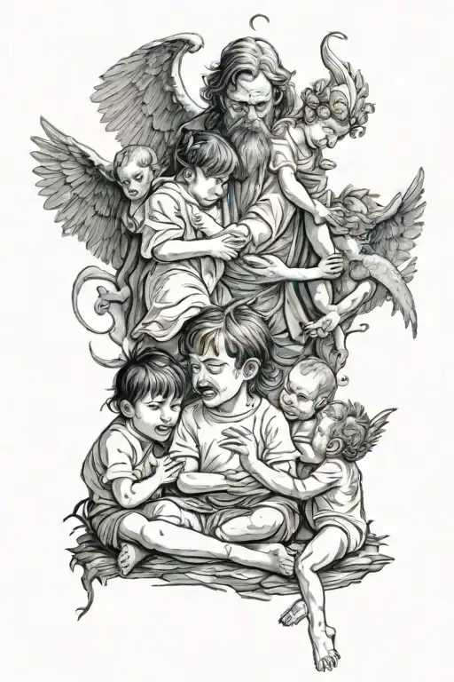 A child Alone in a dark room with demons and angels around trying to convince the child to join their side tattoo design idea