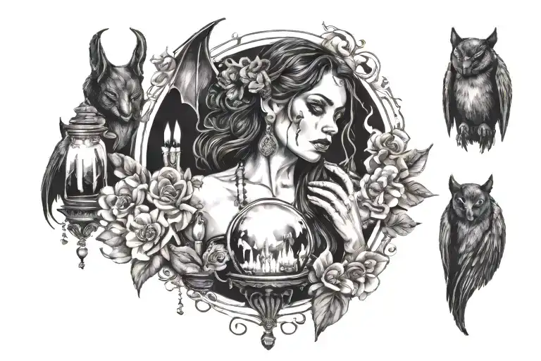 gypsy woman holding surrounded by melting candles, a crystal ball, bats and flowers tattoo design idea