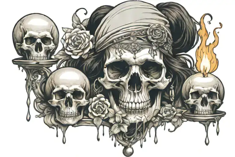 young gypsy holding a skull surrounded by melting candles, a crystal ball and flowers tattoo design idea