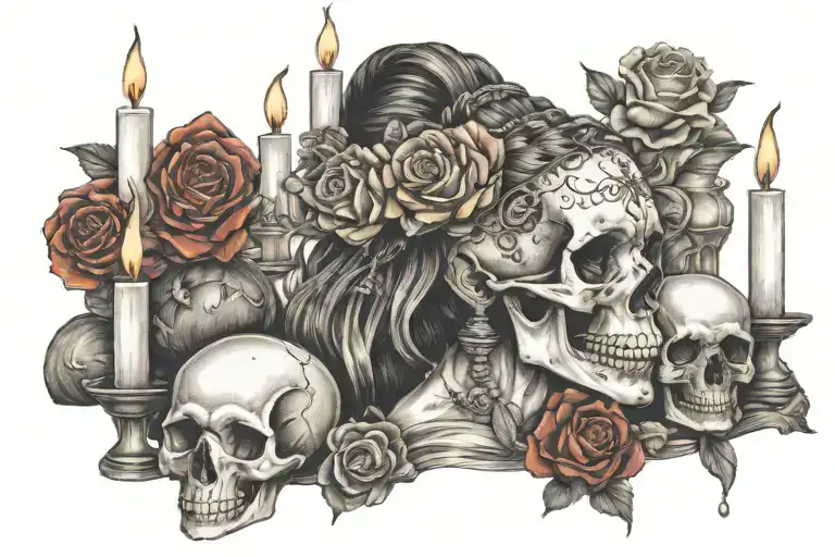 young gypsy holding a skull surrounded by melting candles, a crystal ball and flowers tattoo design idea