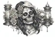 gypsy woman holding a skull in her hands surrounded by melting candles, a crystal ball and flowers tattoo design idea