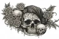 gypsy woman holding a skull in her hands surrounded by melting candles, a crystal ball and flowers tattoo design idea