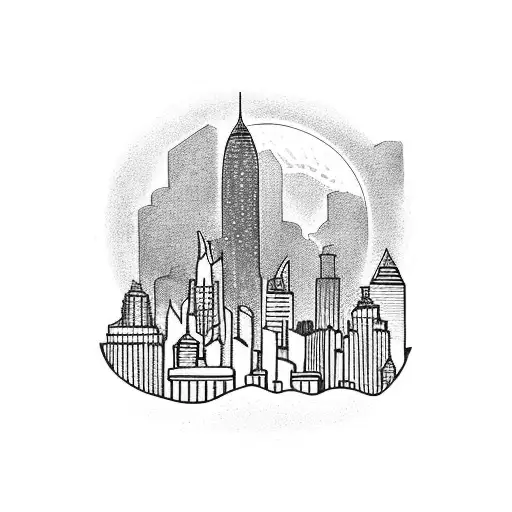A hot rod speeding through a city skyline at night tattoo design idea