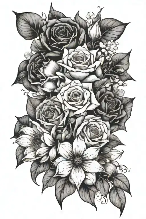 October, January, July, and December flower bouquet tattoo design idea