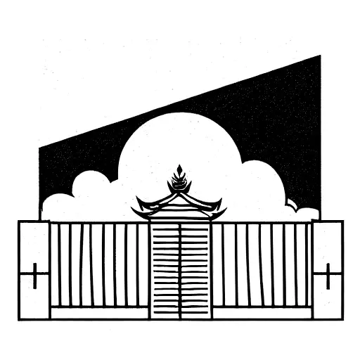 vertical rectangle box with Balinese temple and gates mountain and clouds and pattern tattoo design idea