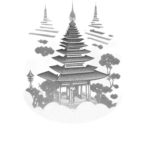vertical rectangle box with Balinese temple mountain and clouds tattoo design idea