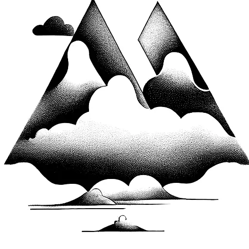 vertical rectangle box with Balinese temple and gates mountain and clouds tattoo design idea