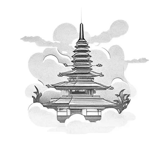 vertical rectangle box with Balinese temple mountain and clouds tattoo design idea