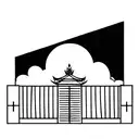 vertical rectangle box with Balinese temple and gates mountain and clouds and pattern tattoo design idea