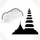 vertical rectangle box with Balinese temple and gates mountain and clouds and pattern tattoo design idea