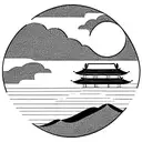 vertical rectangle box with Balinese temple and gates mountain and clouds and pattern tattoo design idea