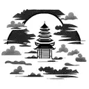 vertical rectangle box with Balinese temple and gates mountain and clouds and pattern tattoo design idea