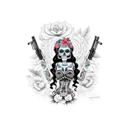 gorgeous, La Catrina Calavera pinup, posing with a rifle, with a mural of tropical hibiscus behind tattoo design idea