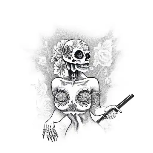 gorgeous, standing, La Catrina Calavera, pinup posing with a rifle, mural of tropical hibiscus behind tattoo design idea