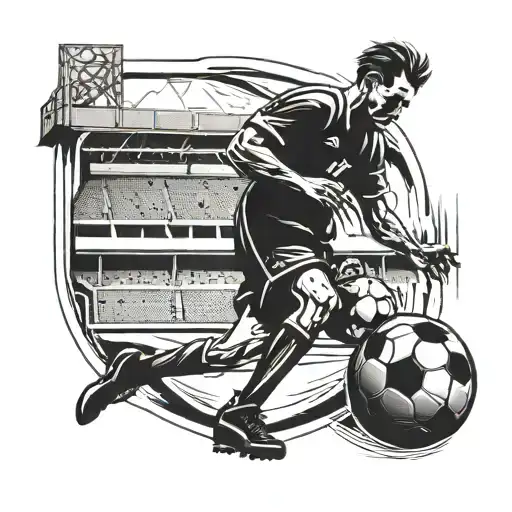 man whit a ball of soccer and in the back the stadium tattoo design idea