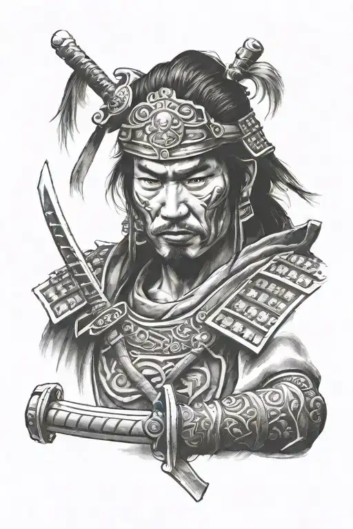 samurai warrior face with sword through it tattoo design idea