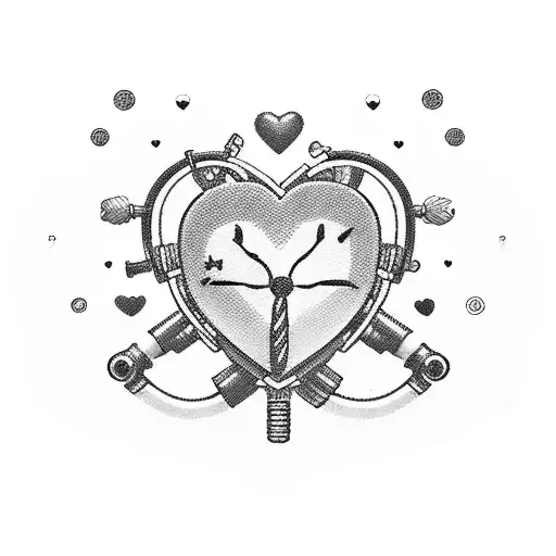 A nurse's heart with a stethoscope wrapped around it, surrounded by paw prints and tire tracks tattoo design idea