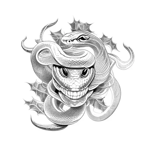 Snake, holly, calendula, lemon grass, sage-brush tattoo design idea