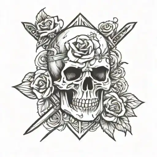 skull rose flag sword tattoo design idea