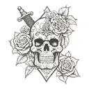 skull rose flag sword tattoo design idea