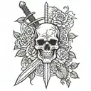 skull rose flag sword tattoo design idea