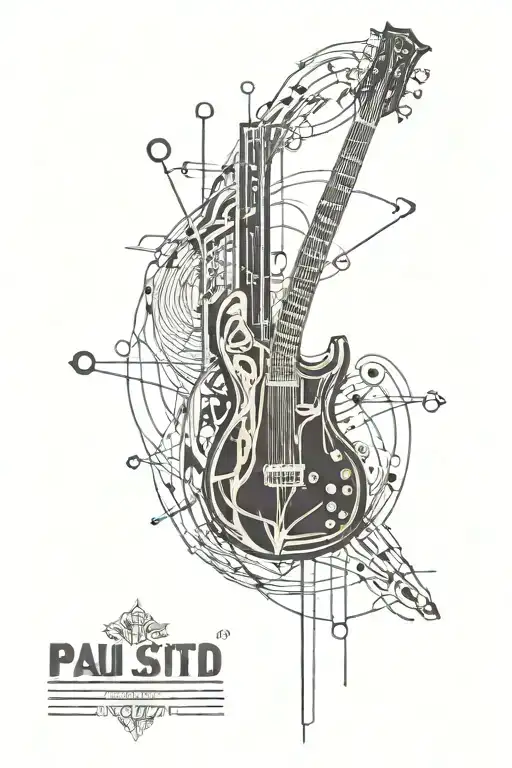 Generate an image of a modern sketch-style tattoo that depicts musical notes and a stylized Paul Reed Smith electric gui tattoo design idea