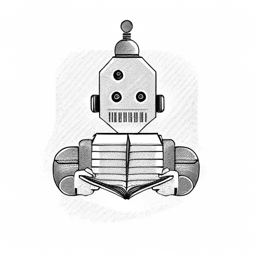 A robot reading a book in a cozy library tattoo design idea