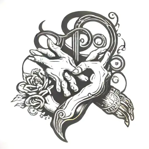 A minimalist tattoo design of two hands clasped in friendship with musical symbols intertwined, symbolizing the importance of friendship and music in your life tattoo design idea