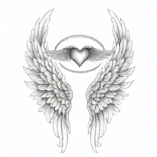 angel wings with heart  and halo tattoo design idea