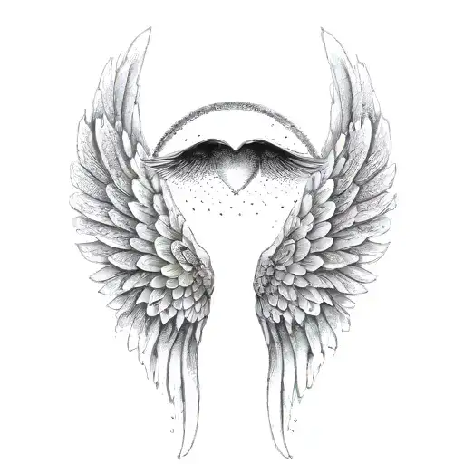 angel wings with heart  and halo tattoo design idea