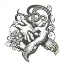 A minimalist tattoo design of two hands clasped in friendship with musical symbols intertwined, symbolizing the importance of friendship and music in your life tattoo design idea