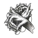 A minimalist tattoo design of two hands clasped in friendship with musical symbols intertwined, symbolizing the importance of friendship and music in your life tattoo design idea