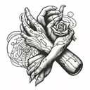 A minimalist tattoo design of two hands clasped in friendship with musical symbols intertwined, symbolizing the importance of friendship and music in your life tattoo design idea