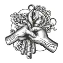 A minimalist tattoo design of two hands clasped in friendship with musical symbols intertwined, symbolizing the importance of friendship and music in your life tattoo design idea