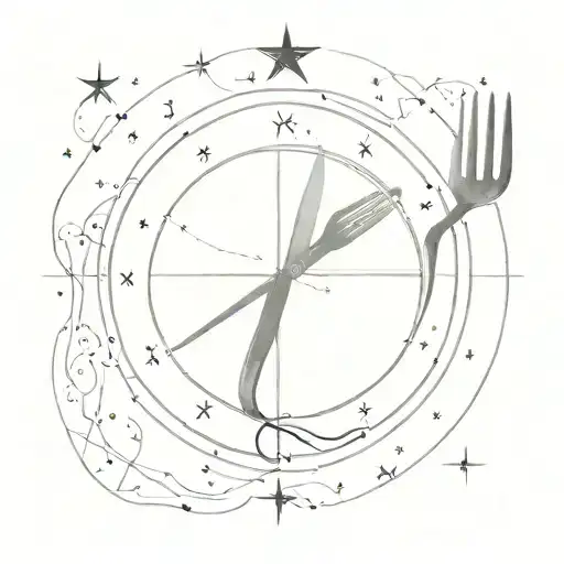 Celestial map of client's zodiac sign constellation intertwined with a chef's knife and fork tattoo design idea