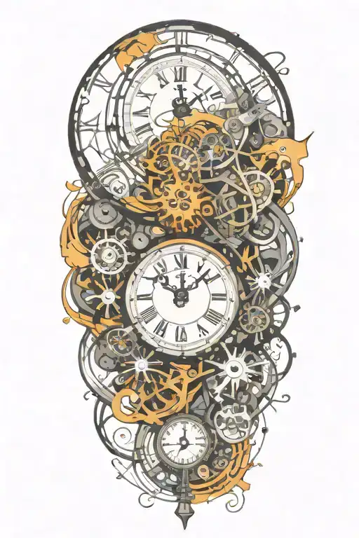 exploding clock with mechanism tattoo design idea