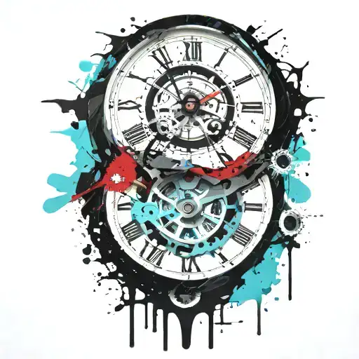 black and white clock with mechanism and teal stripe tattoo design idea
