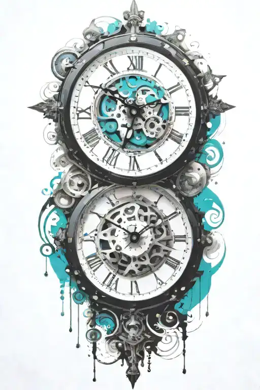 black and white clock with mechanism and teal stripe tattoo design idea