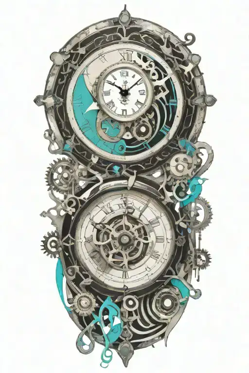 black and white clock with mechanism and teal stripe tattoo design idea