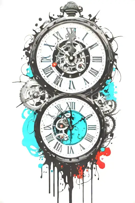 black and white clock with mechanism and teal stripe tattoo design idea