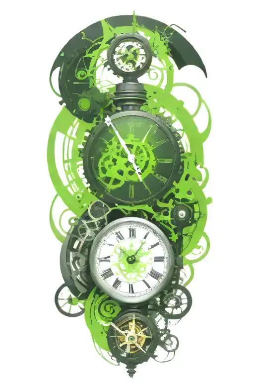 black and white clock with mechanism and green stripe tattoo design idea