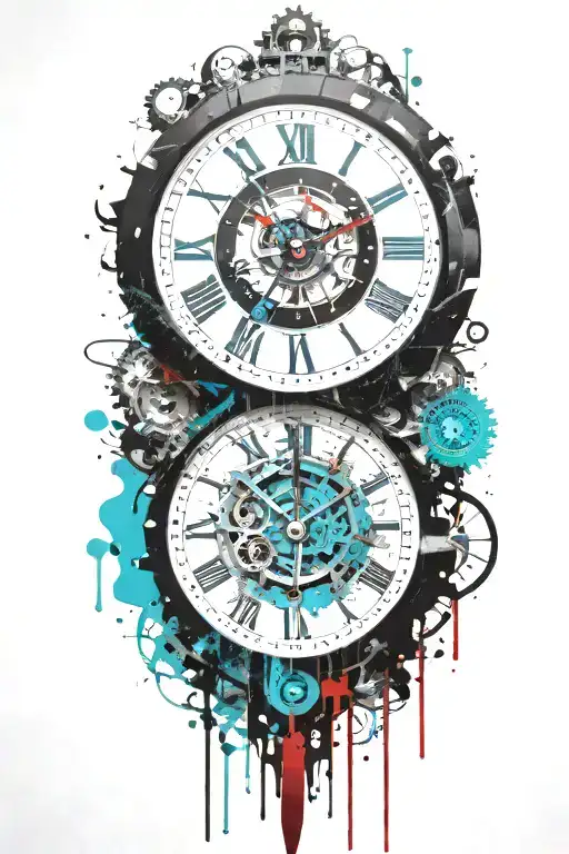 black and white clock with mechanism and teal stripe tattoo design idea