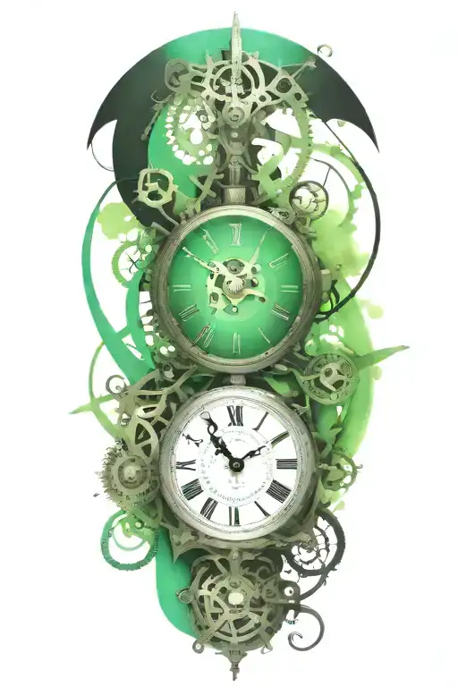 black and white clock with mechanism and teal stripe tattoo design idea