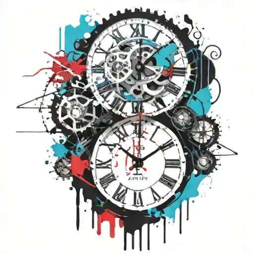 black and white clock with mechanism and teal stripe tattoo design idea